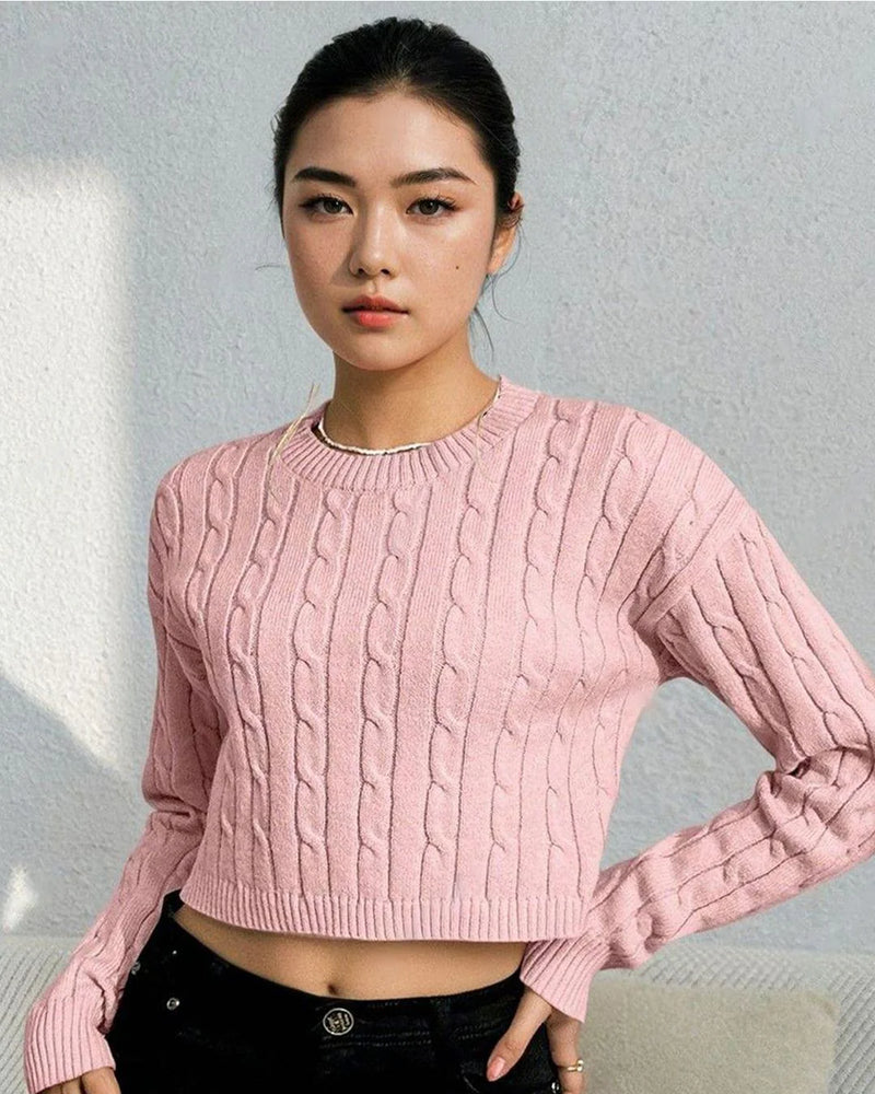 Women Cable Knit Round Neck Long Sleeves Crop Pullover Sweaters