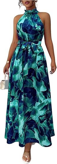 Floerns Women's Floral Halter Boho Maxi Dress Sleeveless Belt Vacation A Line Dresses