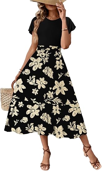 Women's Summer  Maxi Dress Ruffle Short Sleeve Casual Floral Print Long Flowy Dresses