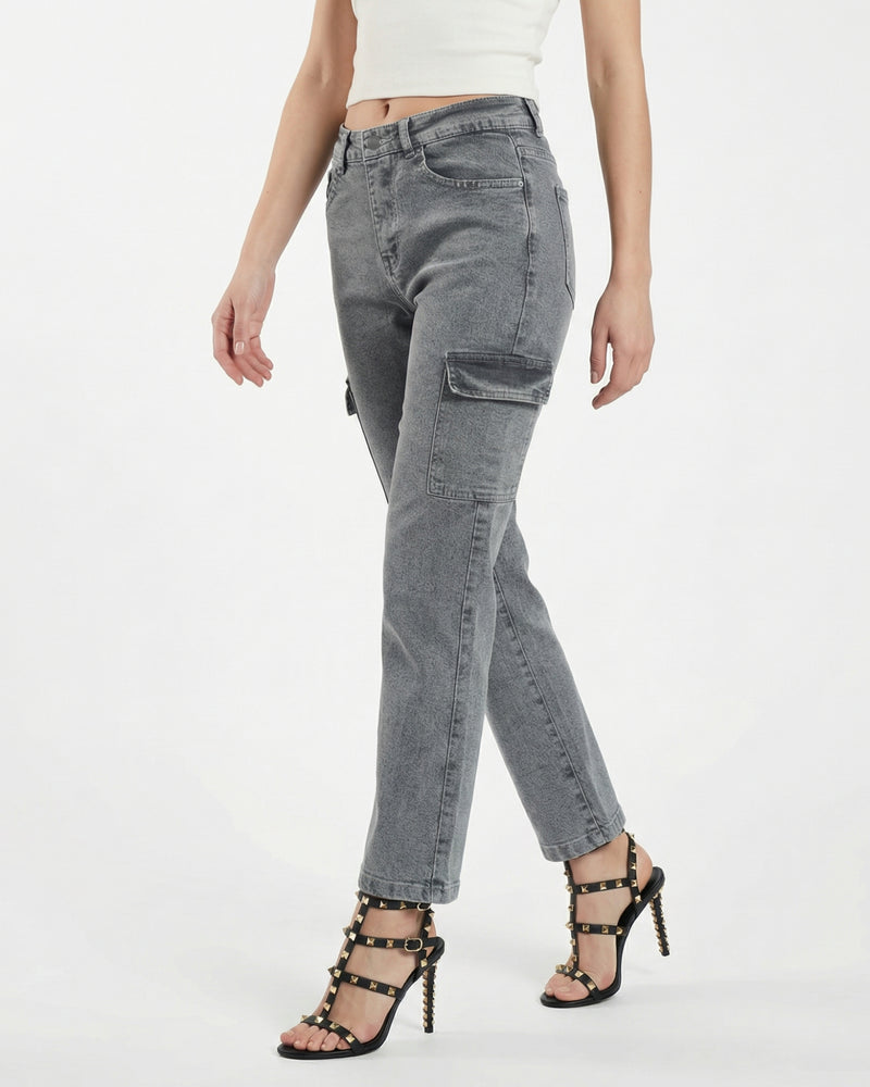 Women's high-waisted design in a washed grey jeans