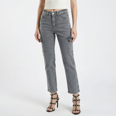 Women's high-waisted design in a washed grey jeans