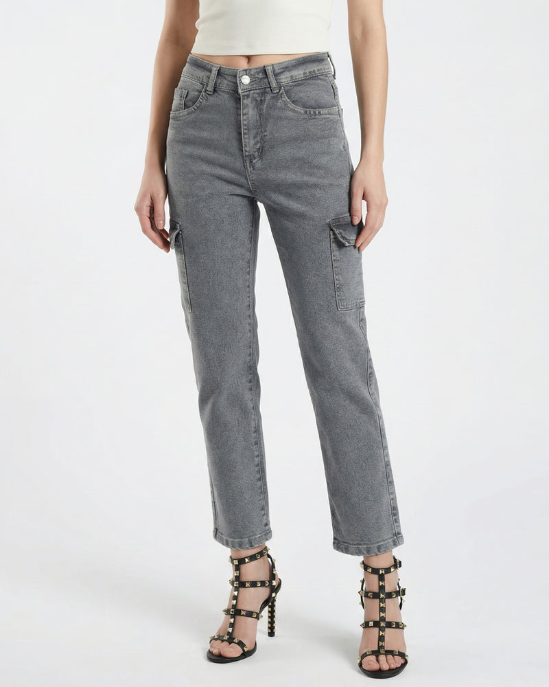 Women's high-waisted design in a washed grey jeans