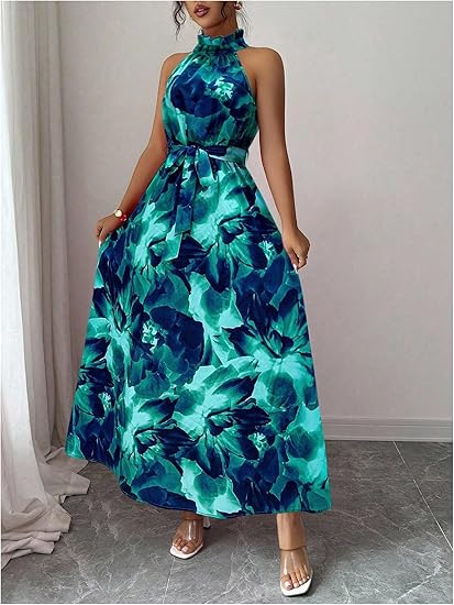 Floerns Women's Floral Halter Boho Maxi Dress Sleeveless Belt Vacation A Line Dresses