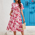 Casual Short Sleeve Tiered Flowy Spring Dress Long Midi Beach Sundress Vacation Outfits