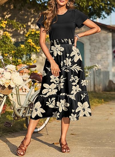 Women's Summer  Maxi Dress Ruffle Short Sleeve Casual Floral Print Long Flowy Dresses