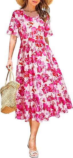 Casual Short Sleeve Tiered Flowy Spring Dress Long Midi Beach Sundress Vacation Outfits
