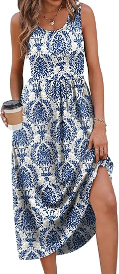 Summer Dresses for Women Flowy Casual Midi Dress Beach Vacation Sundresses with Pockets