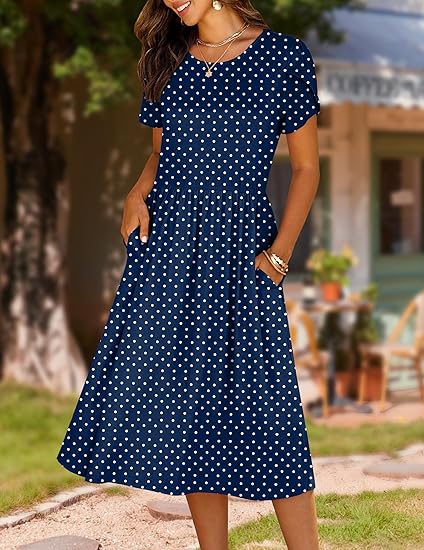 Women's Summer A-Line Midi Dresses  Casual Floral Short Sleeve T-Shirt Dress Flowy Beach Sundress with Pockets