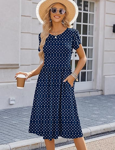 Women's Summer A-Line Midi Dresses  Casual Floral Short Sleeve T-Shirt Dress Flowy Beach Sundress with Pockets