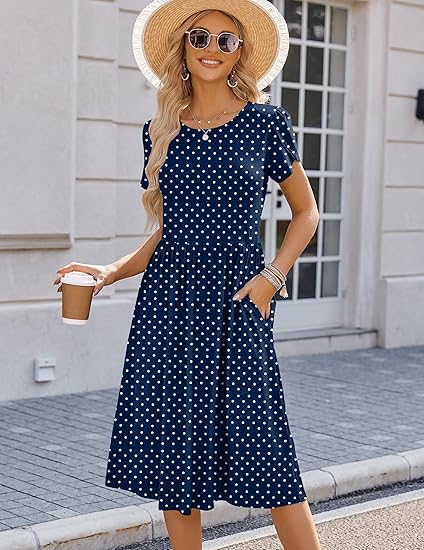 Women's Summer A-Line Midi Dresses  Casual Floral Short Sleeve T-Shirt Dress Flowy Beach Sundress with Pockets