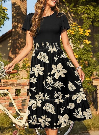 Women's Summer  Maxi Dress Ruffle Short Sleeve Casual Floral Print Long Flowy Dresses