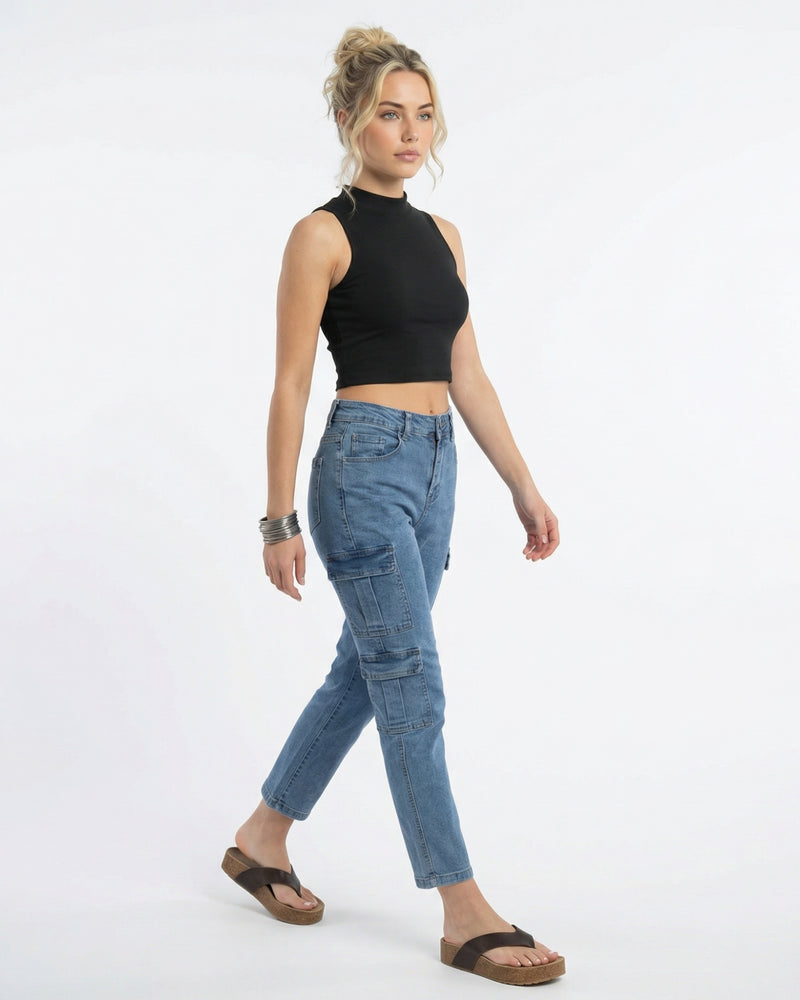 high-rise light wash blue denim cargo jeans