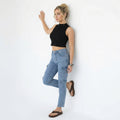 high-rise light wash blue denim cargo jeans