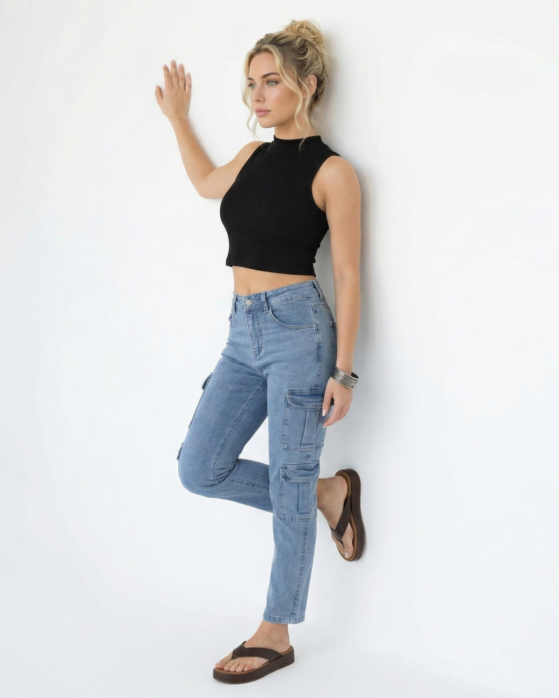 high-rise light wash blue denim cargo jeans