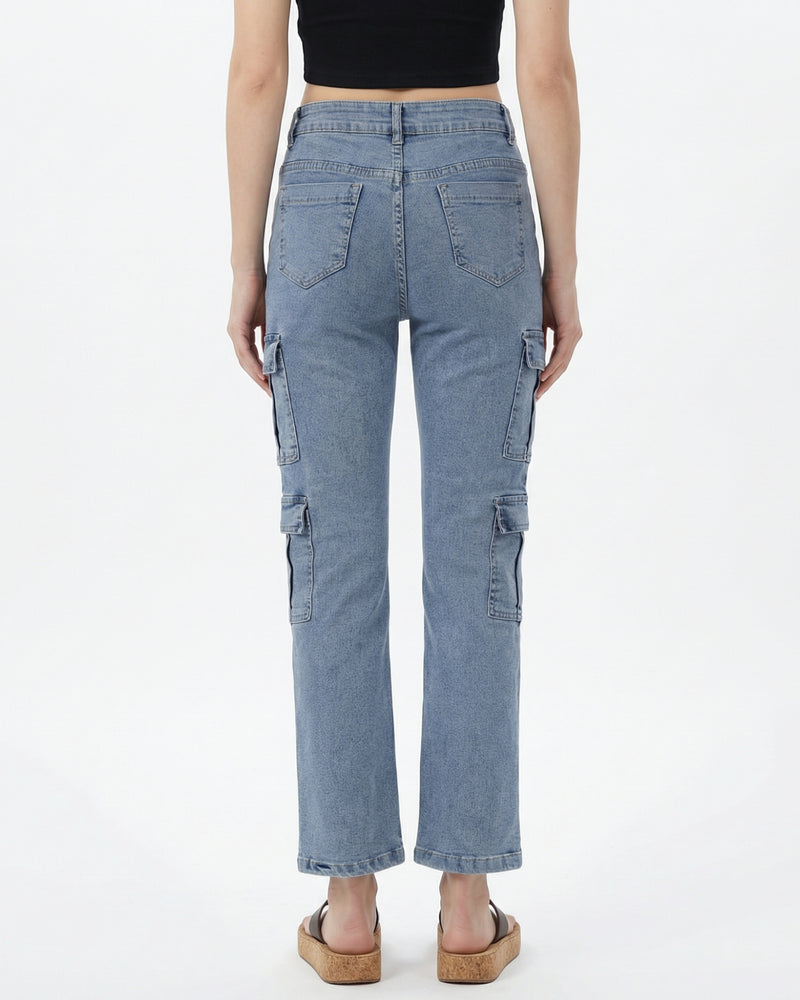 high-rise light wash blue denim cargo jeans