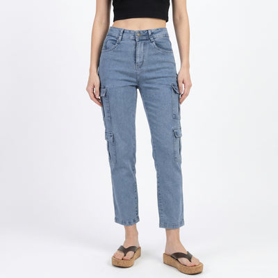 high-rise light wash blue denim cargo jeans