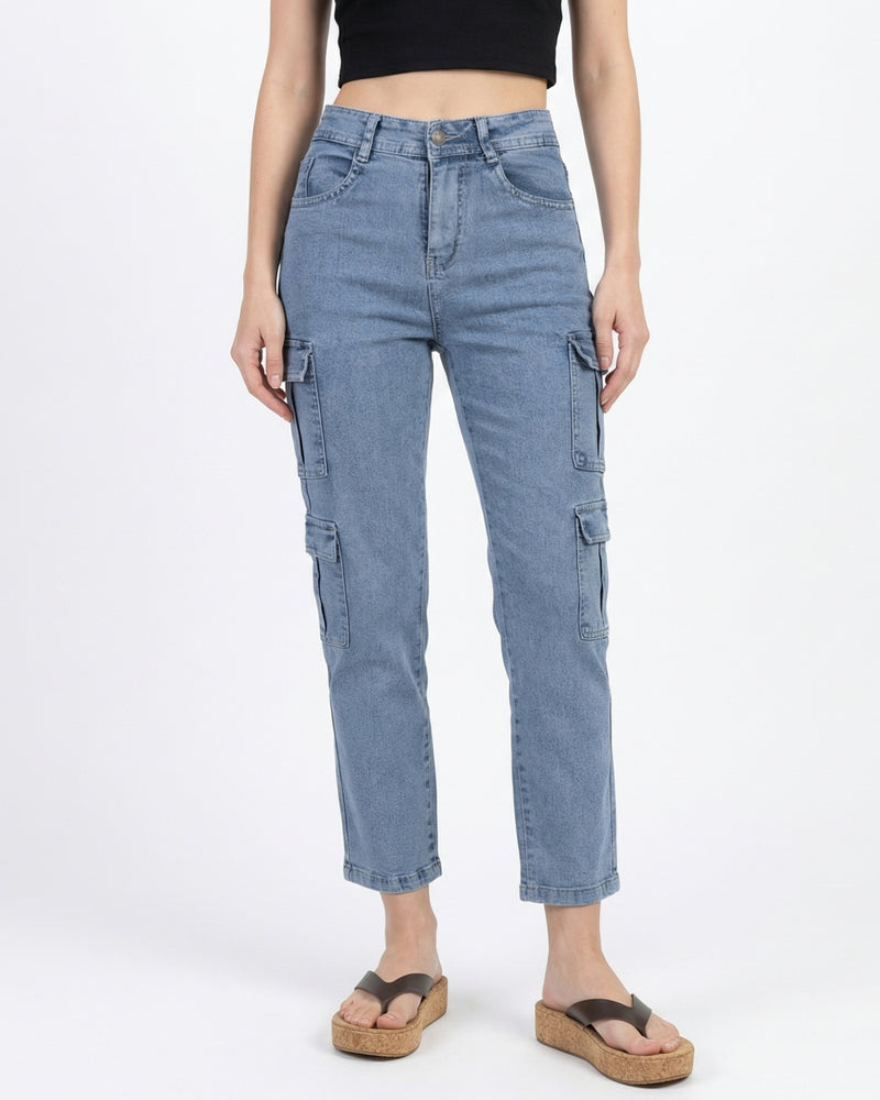 high-rise light wash blue denim cargo jeans