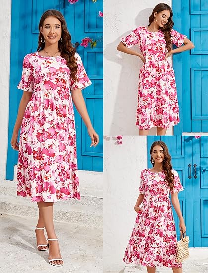 Casual Short Sleeve Tiered Flowy Spring Dress Long Midi Beach Sundress Vacation Outfits
