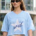 Women Blue Graphic Printed Oversized Crop Mesh T-shirt