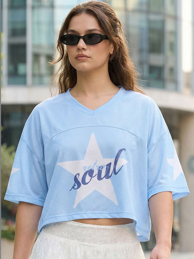 Women Blue Graphic Printed Oversized Crop Mesh T-shirt