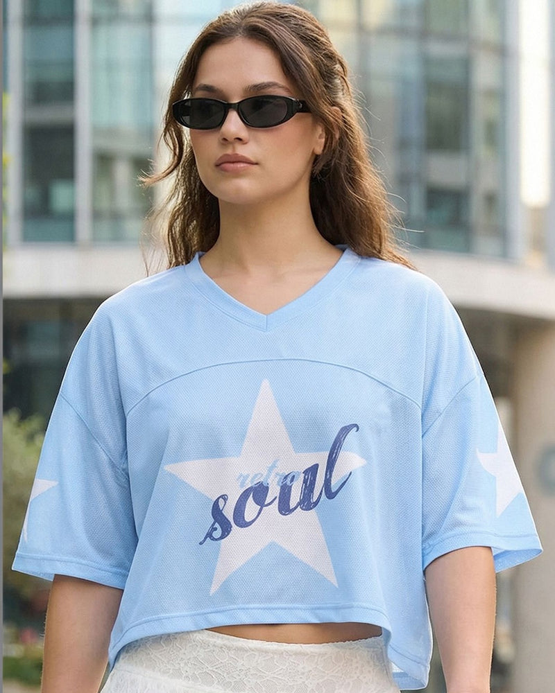 Women Blue Graphic Printed Oversized Crop Mesh T-shirt