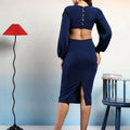Women Bishop Sleeve Bodycon Knee Length Dress