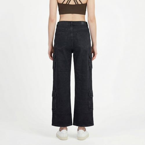 black high-waisted wide-leg cargo jeans