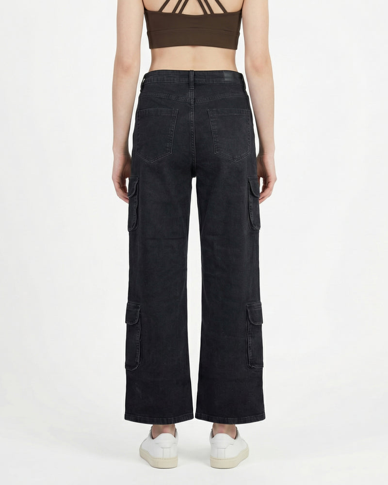 black high-waisted wide-leg cargo jeans