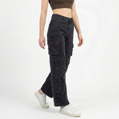 black high-waisted wide-leg cargo jeans