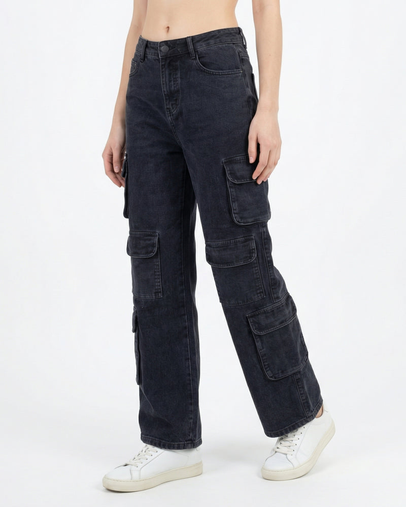 black high-waisted wide-leg cargo jeans