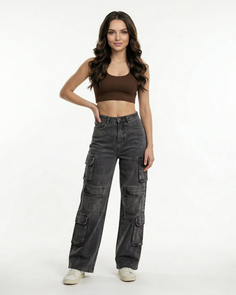 high-waist cargo jeans