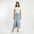 light blue denim midi skirt