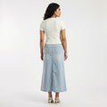 light blue denim midi skirt
