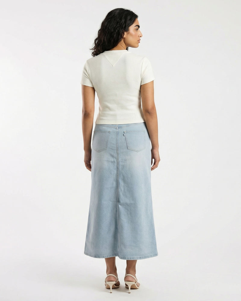 light blue denim midi skirt