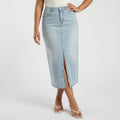 light blue denim midi skirt
