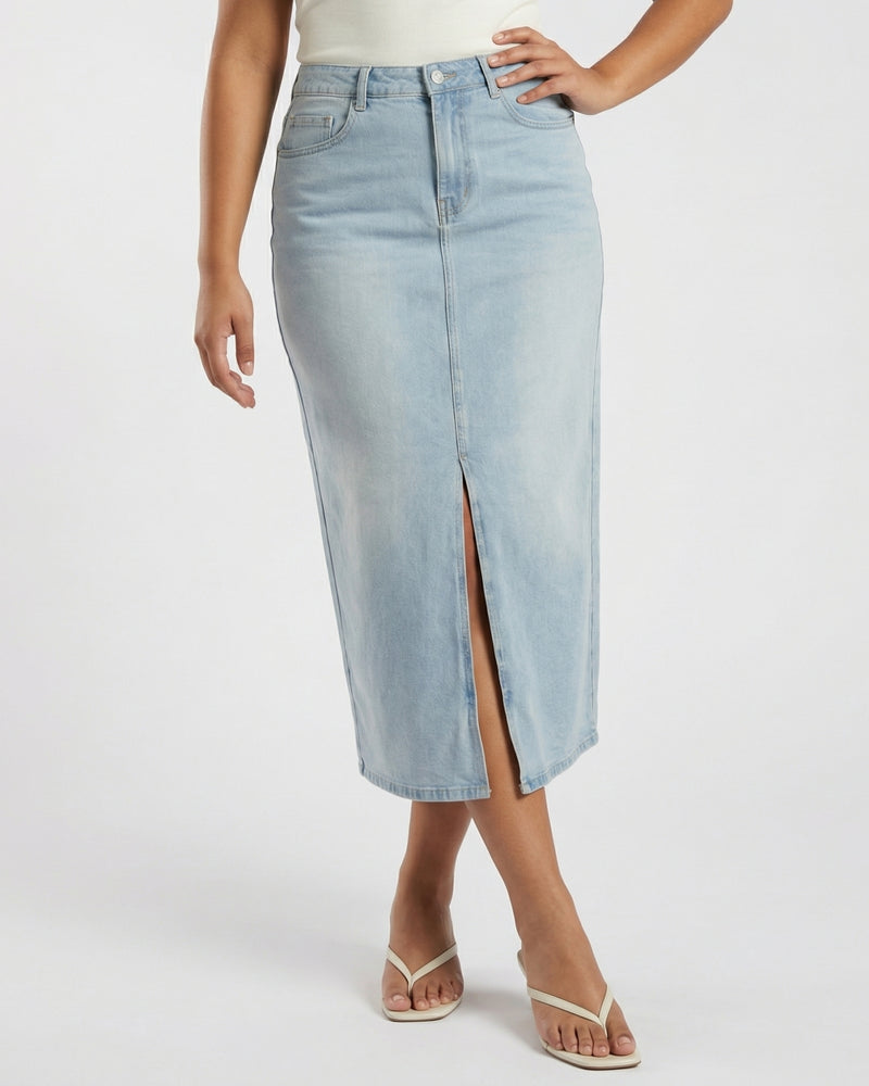 light blue denim midi skirt