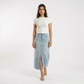 light blue denim midi skirt