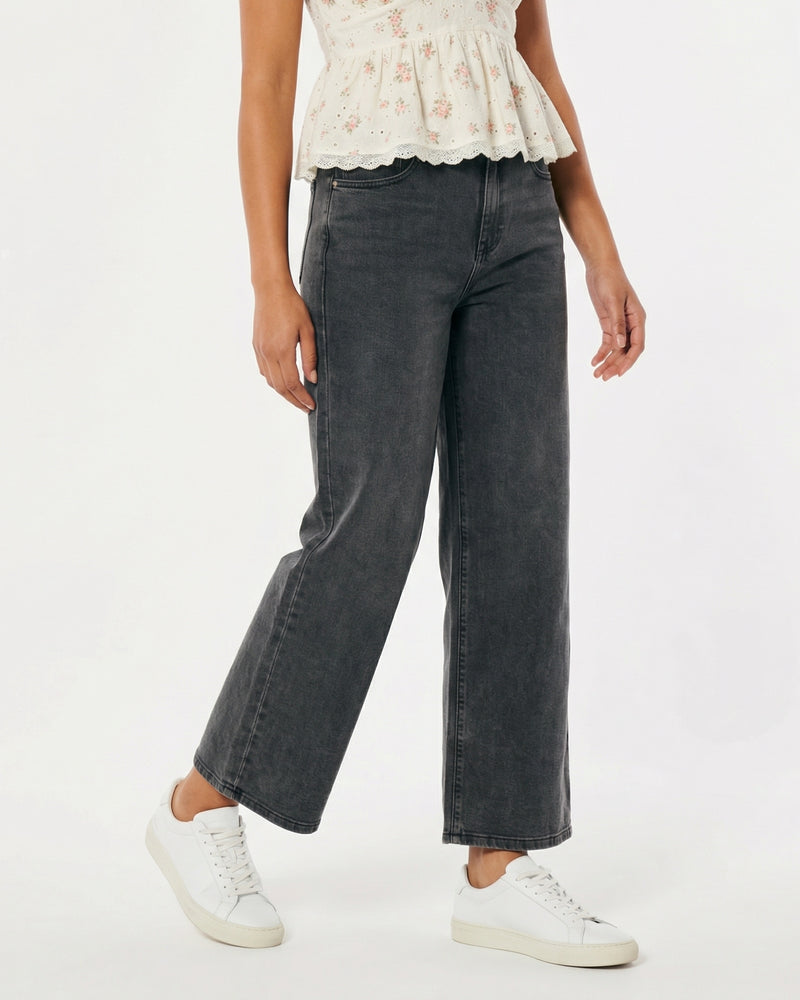 women's washed charcoal or grey wide-leg jeans,
