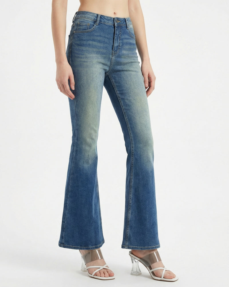 Blue high-waisted flare jeans