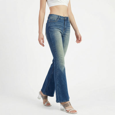 Blue high-waisted flare jeans