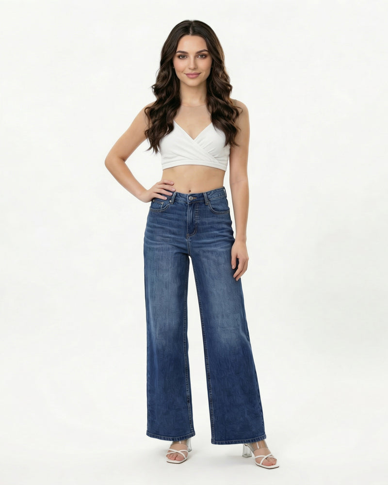 woman wearing high-rise wide-leg blue jeans
