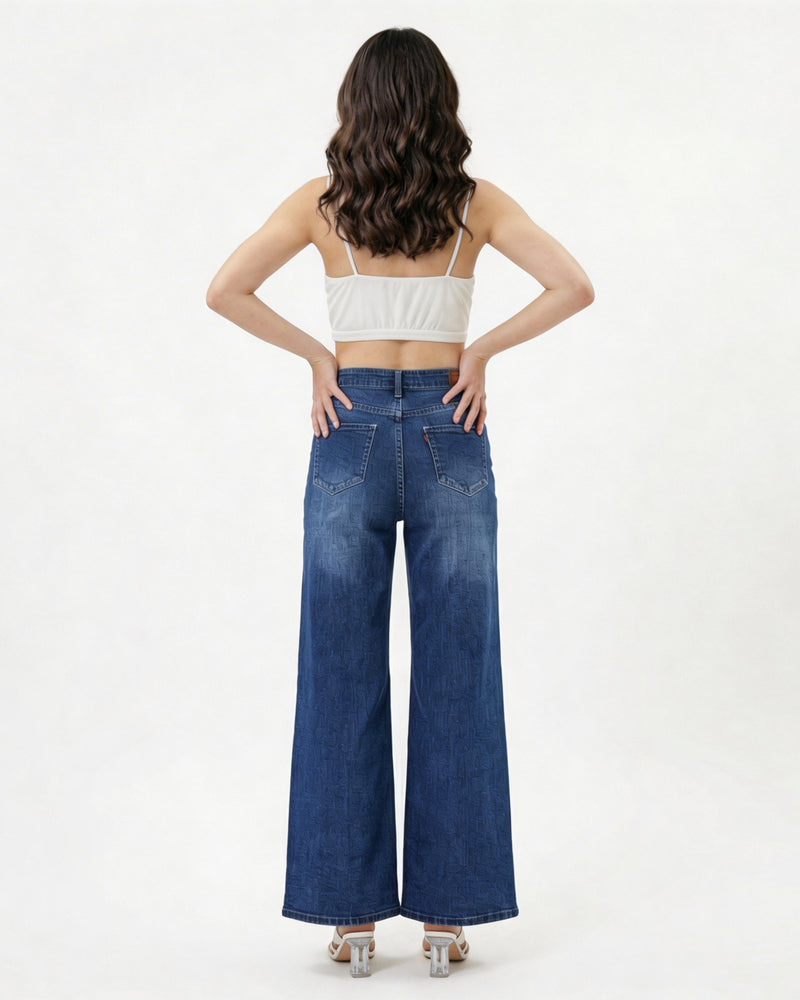 woman wearing high-rise wide-leg blue jeans