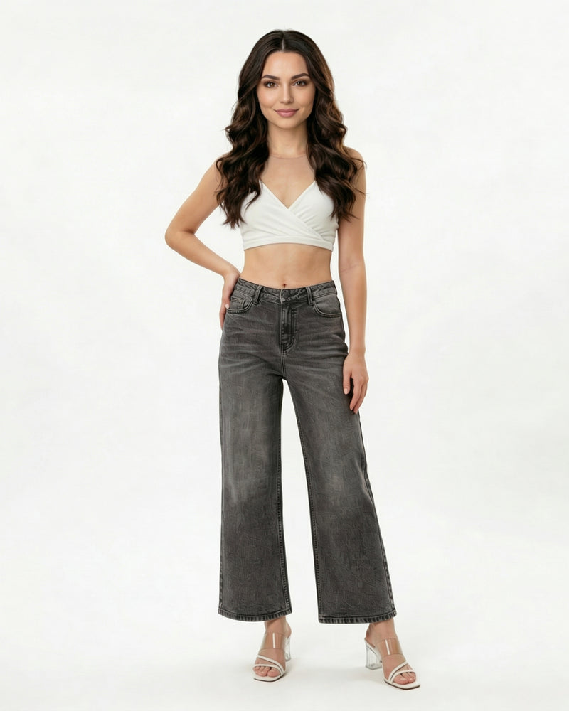 Women's grey relaxed fit wide-leg jeans
