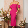 Women Off-Shoulder Puff Sleeve Bodycon Midi Dress
