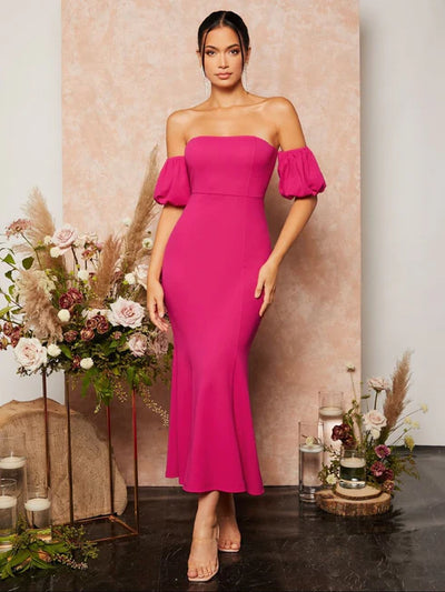 Women Off-Shoulder Puff Sleeve Bodycon Midi Dress