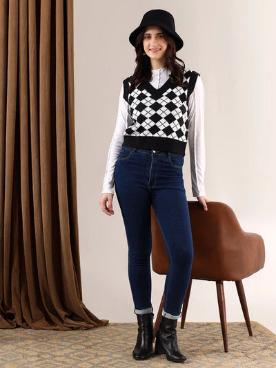 Women Printed Crop Sweater Vest