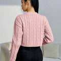 Women Cable Knit Round Neck Long Sleeves Crop Pullover Sweaters