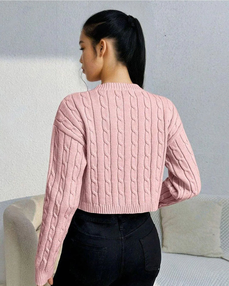 Women Cable Knit Round Neck Long Sleeves Crop Pullover Sweaters