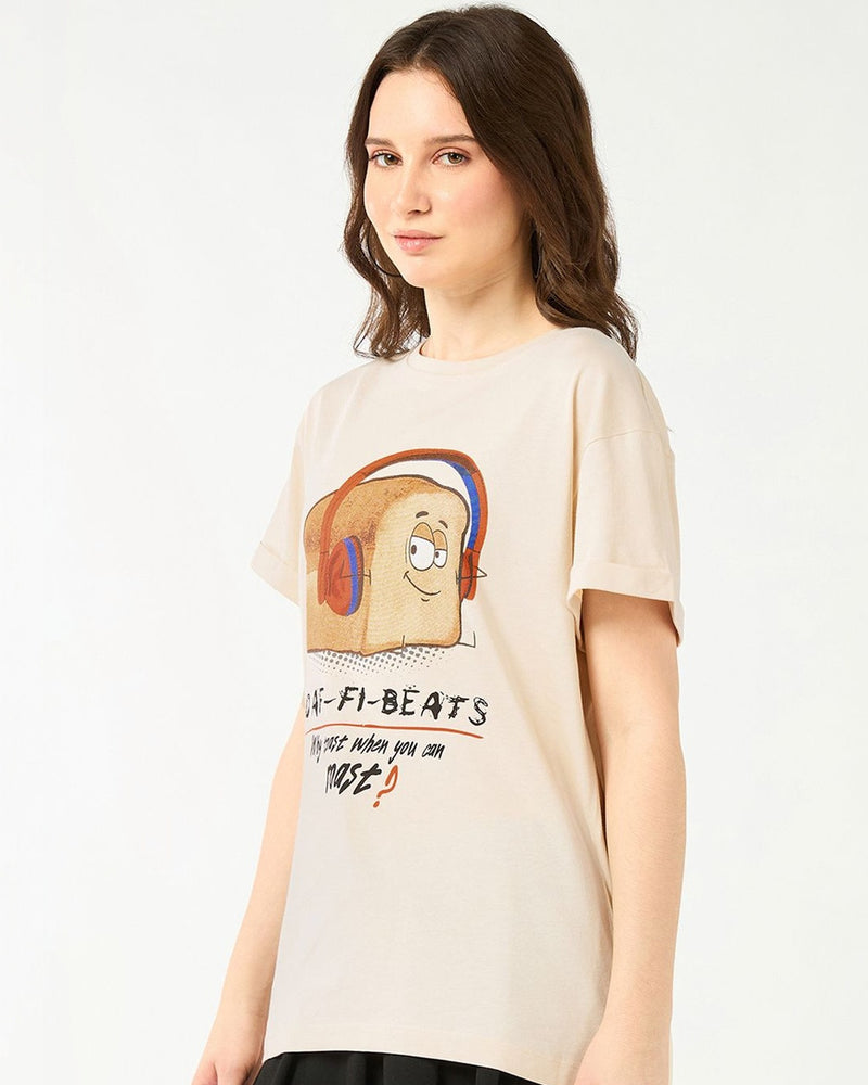 Women Beige Loaf Graphic Printed Boyfriend T-shirt