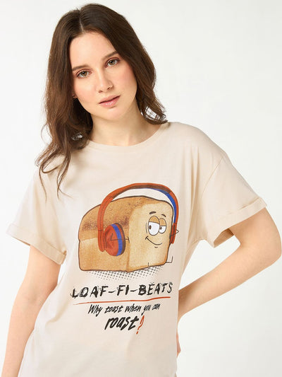 Women Beige Loaf Graphic Printed Boyfriend T-shirt